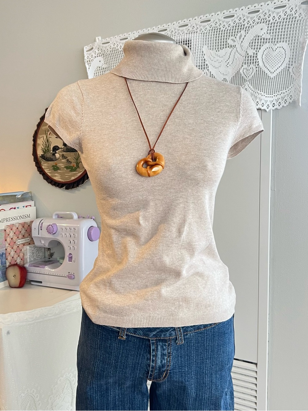 Vintage Y2K Cleo Petite cream turtleneck short sleeve sweater